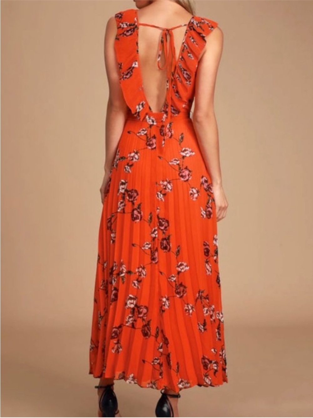 Lulus Red Orange Floral Pleated Chiffon Maxi Dress Open Back Size M - Picture 5 of 13